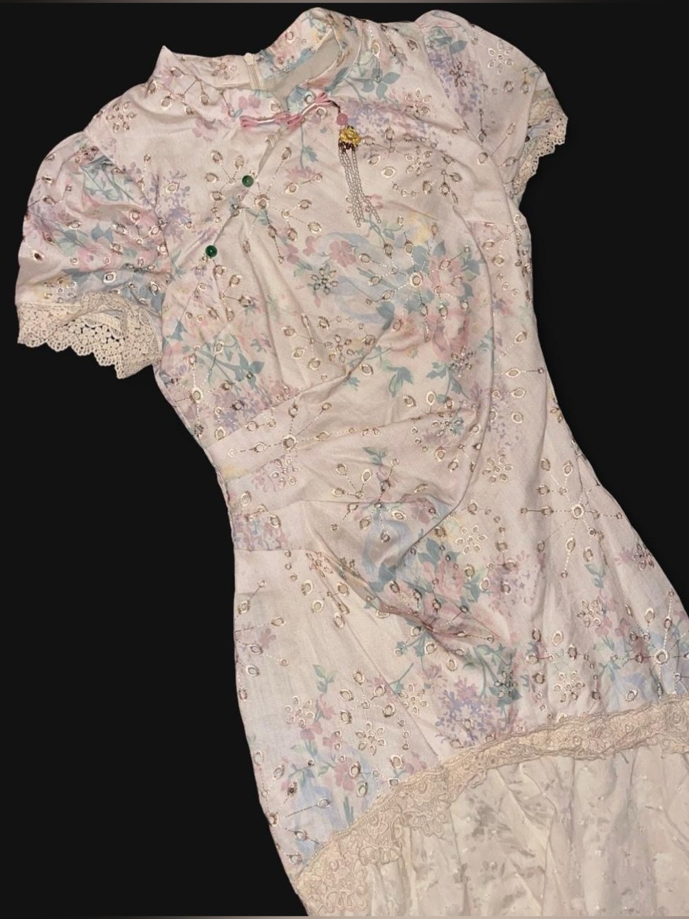 VINTAGE • Chinese Fairycore Floral Eyelet Pastel Qipao Mermaid Skirt Midi Dress